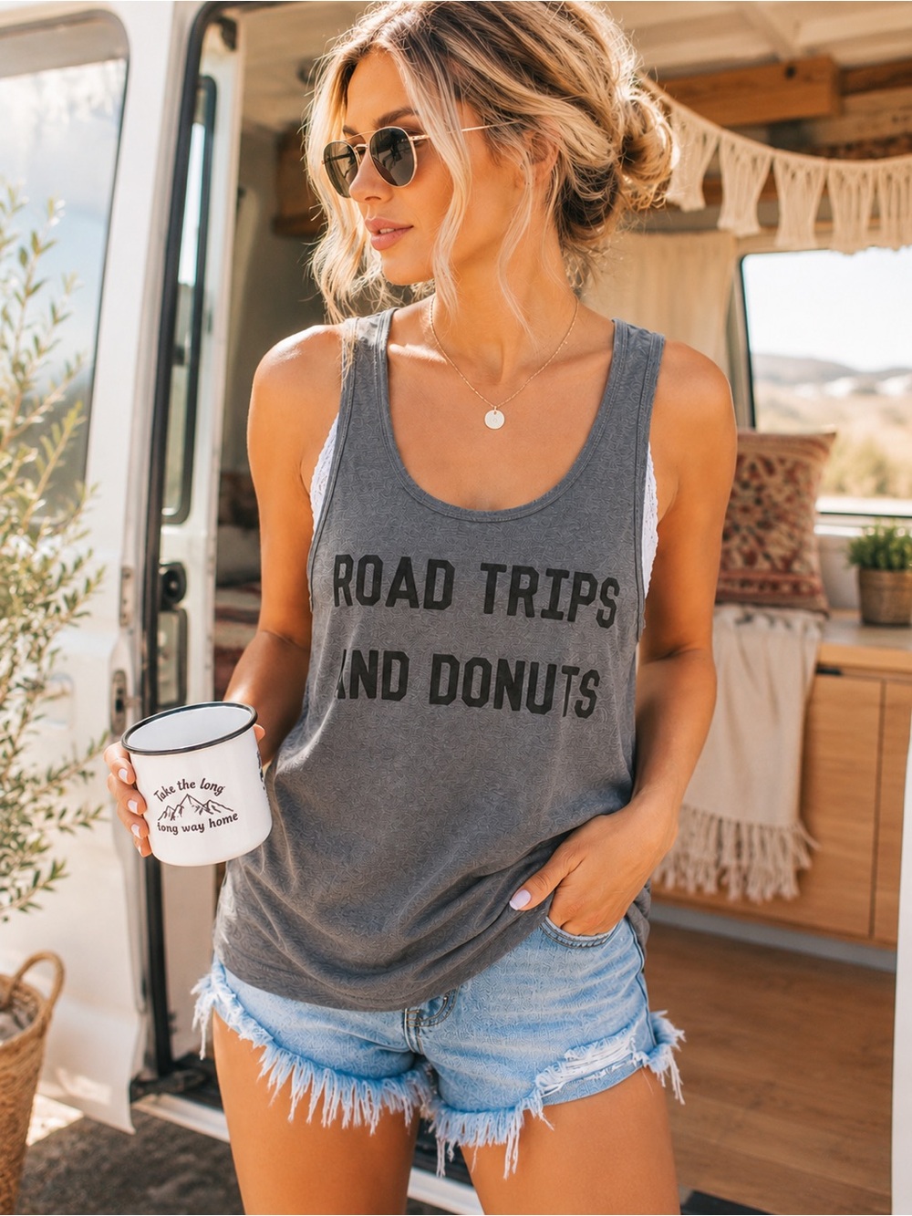 American Apparel Road Trips & Donuts Graphic Tank Top Heather Gray Medium - Picture 2 of 8